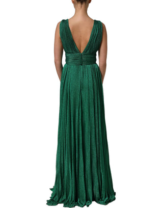 Metallic Green Sleeveless Plissé Gown Dress