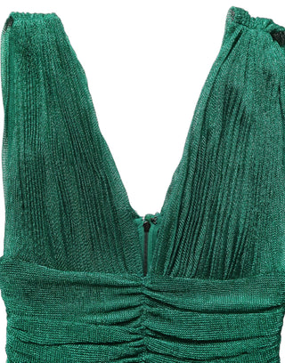 Metallic Green Sleeveless Plissé Gown Dress