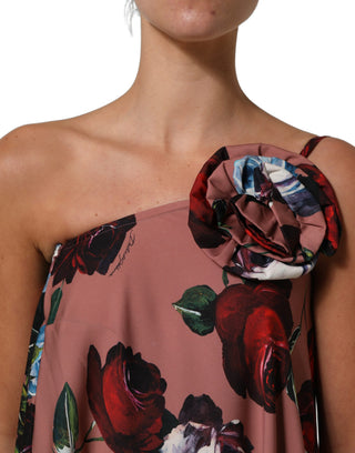 Vestido maxi rosa empolvado de seda con estampado floral y un solo hombro
