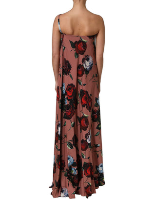 Vestido maxi rosa empolvado de seda con estampado floral y un solo hombro