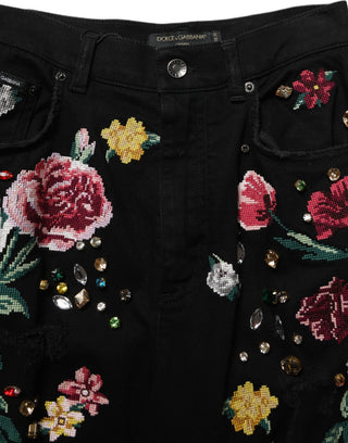 Pantalones de algodón negro con estampado floral y cintura alta con pierna cónica
