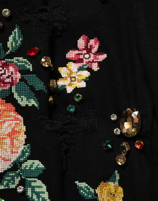 Pantalones de algodón negro con estampado floral y cintura alta con pierna cónica