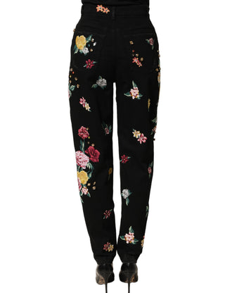 Pantalones de algodón negro con estampado floral y cintura alta con pierna cónica
