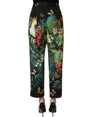 Pantalones de algodón negro con estampado tropical y cintura alta