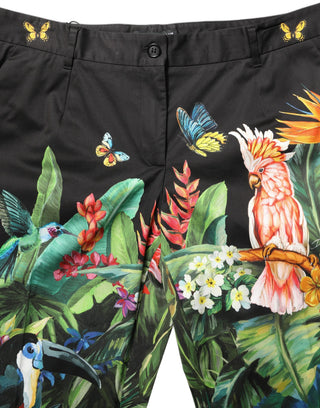 Pantalones de algodón negro con estampado tropical y cintura alta