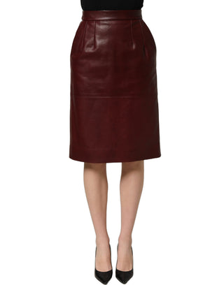 Burgundy Leather High Waist Pencil Midi Skirt