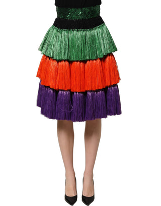Multicolor Fringed High Waist Knee Length Skirt