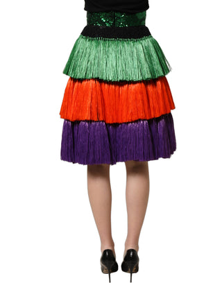 Multicolor Fringed High Waist Knee Length Skirt