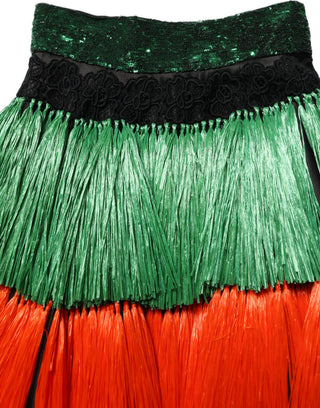 Multicolor Fringed High Waist Knee Length Skirt