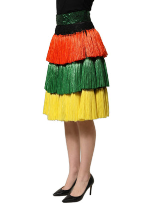 Multicolor Fringe Sequin High Waist Knee Length Skirt