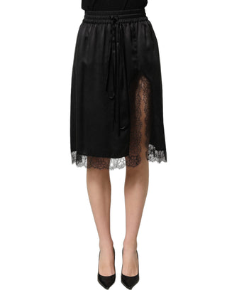 Black Lace Trimmed Satin Side Slit Skirt