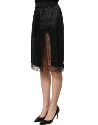 Black Lace Trimmed Satin Side Slit Skirt