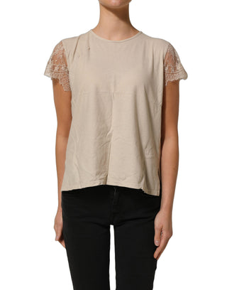 Beige Cotton Lace Detailing Round Neck Top