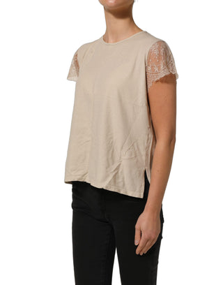 Beige Cotton Lace Detailing Round Neck Top