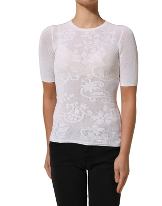 White Floral Lace Knit Fabric Short Sleeves Blouse Top