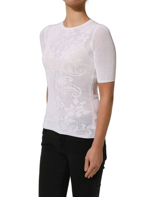 White Floral Lace Knit Fabric Short Sleeves Blouse Top