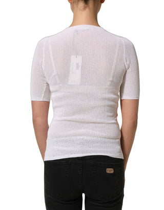 White Floral Lace Knit Fabric Short Sleeves Blouse Top