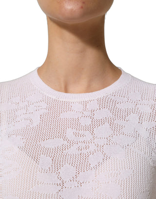 White Floral Lace Knit Fabric Short Sleeves Blouse Top