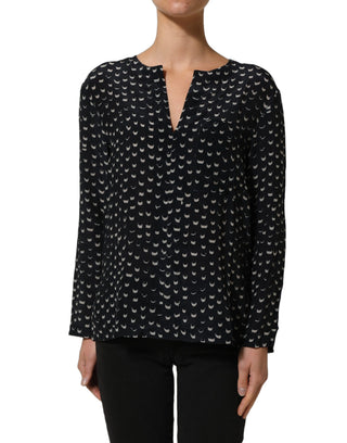 Black SIlk Long Sleeves Deep V-neck Blouse Top