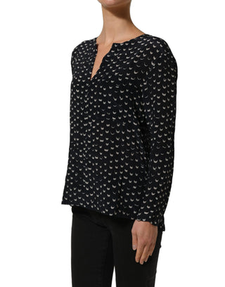 Black SIlk Long Sleeves Deep V-neck Blouse Top