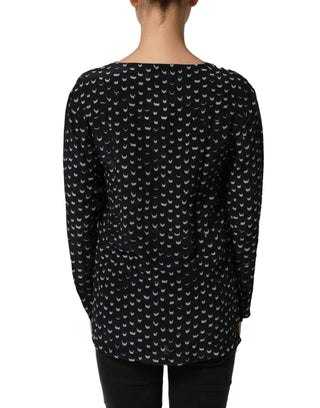 Black SIlk Long Sleeves Deep V-neck Blouse Top