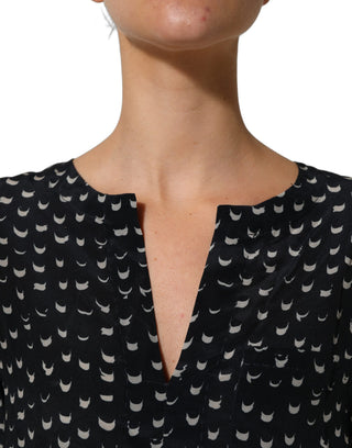 Black SIlk Long Sleeves Deep V-neck Blouse Top