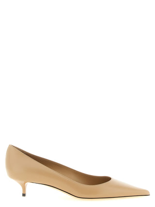 Beige Leather Mid Heel Pumps