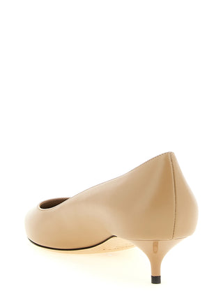 Beige Leather Mid Heel Pumps