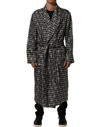 Black White Silk Men Wrap Robe Coat Jacket