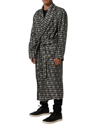 Black White Silk Men Wrap Robe Coat Jacket