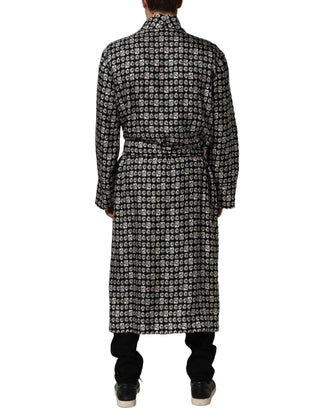 Black White Silk Men Wrap Robe Coat Jacket