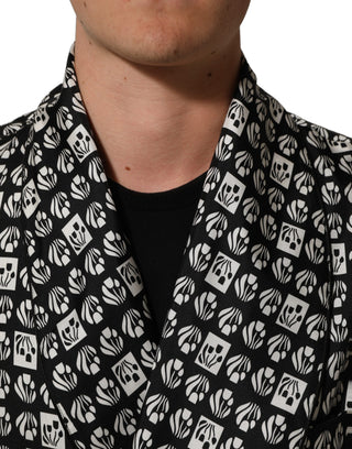 Black White Silk Men Wrap Robe Coat Jacket