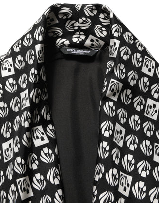 Black White Silk Men Wrap Robe Coat Jacket