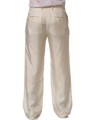 Pantalones rectos de pierna ancha de seda blanco roto