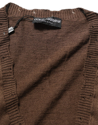 Brown Flax Buttoned V-neck Pullover Sweater