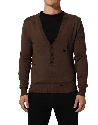 Brown Flax Buttoned V-neck Pullover Sweater