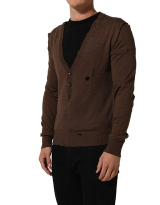 Brown Flax Buttoned V-neck Pullover Sweater