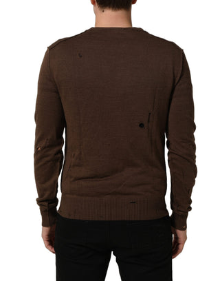 Brown Flax Buttoned V-neck Pullover Sweater
