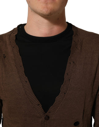 Brown Flax Buttoned V-neck Pullover Sweater