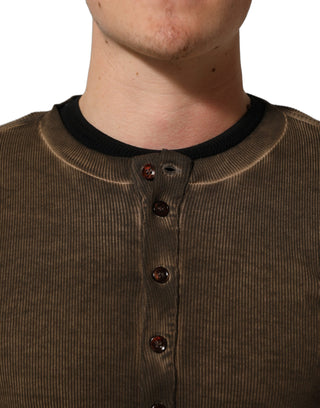Brown Cotton Buttoned Henley Pullover Sweater