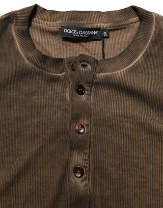 Brown Cotton Buttoned Henley Pullover Sweater