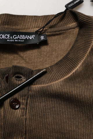 Brown Cotton Buttoned Henley Pullover Sweater
