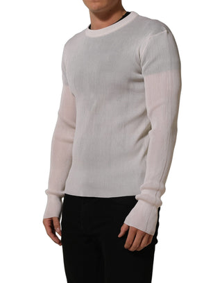 White Silk Crew Neck Men Pullover Sweater