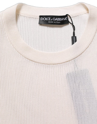 White Silk Crew Neck Men Pullover Sweater