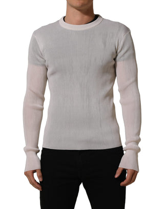 White Silk Crew Neck Men Pullover Sweater