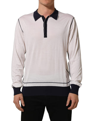 White Silk Collared Henley Pullover Sweater