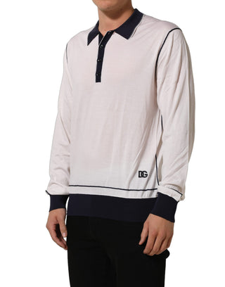 White Silk Collared Henley Pullover Sweater