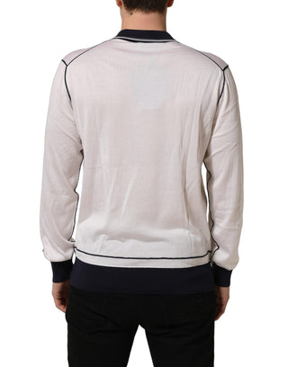 White Silk Collared Henley Pullover Sweater