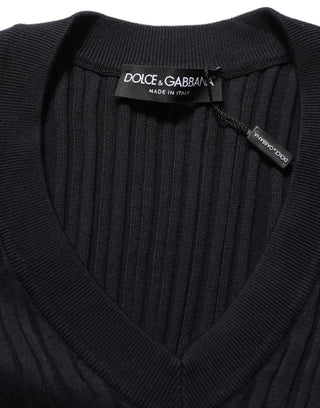Black Silk Blend V-neck Pullover Men Sweater