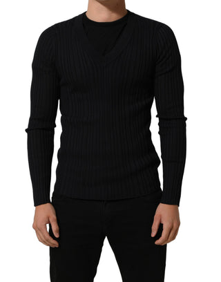 Jersey negro para hombre de mezcla de seda con cuello en V